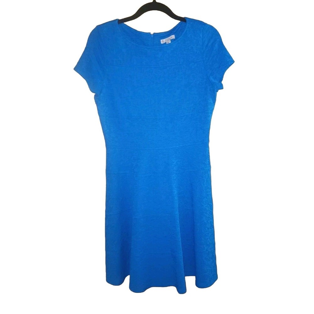 Dressbarn Est 1962 Womens 10 Faux Lace Fit-n-Flare Short Sleeve Swing Dress Blue